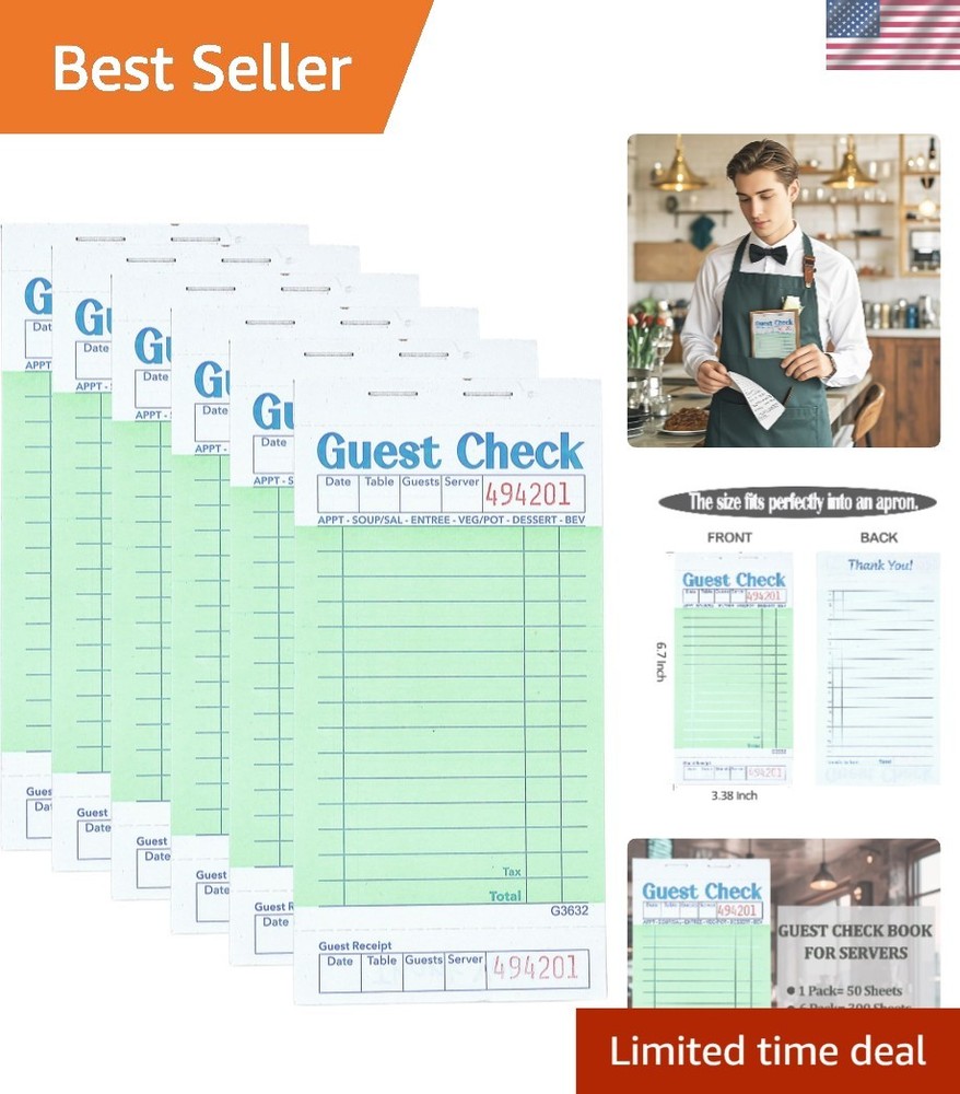 Waitress Notepad 6 Pack - Perforated Green Guest Checks for Efficient Ordering