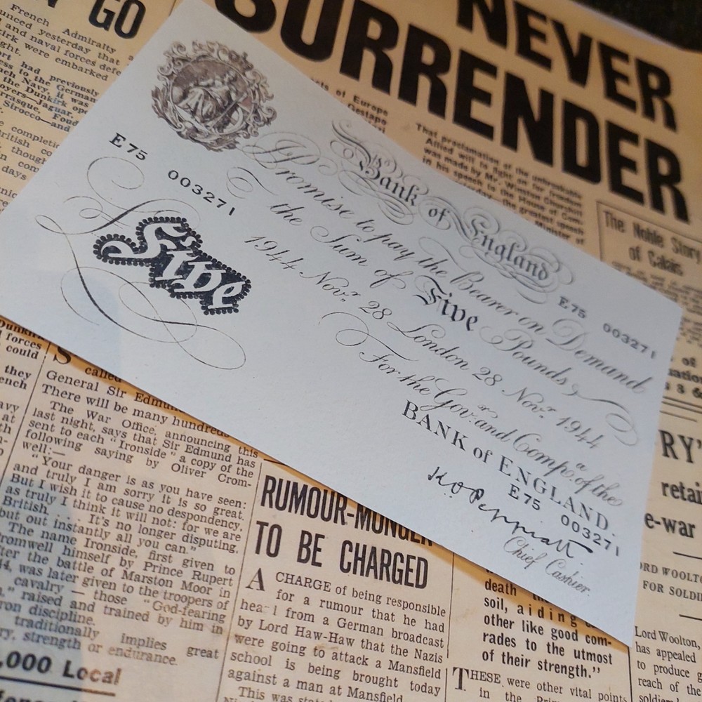 WW2 Era Reproduction British White £5 Note - Peppiatt chief cashier