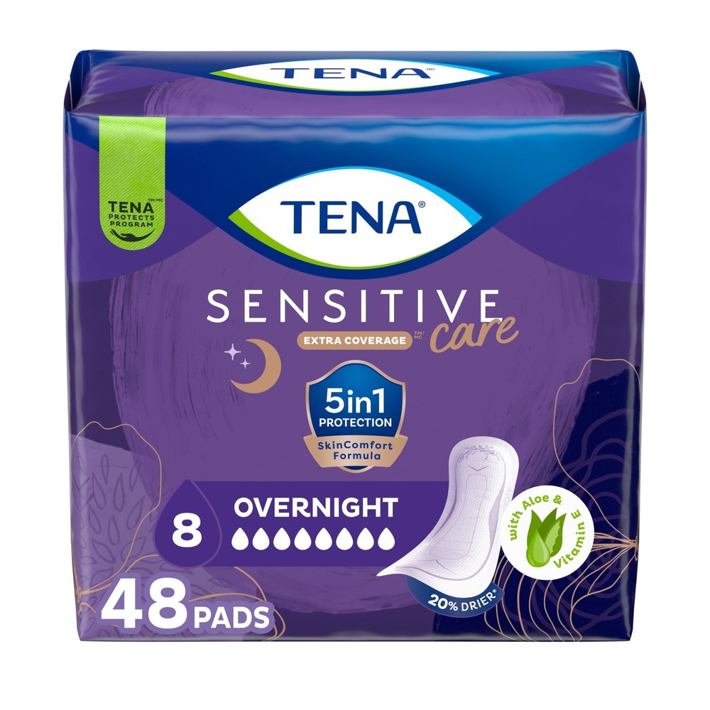 TENA Sensitive Care Extra Coverage Overnight Incontinence Pads, 48 Count