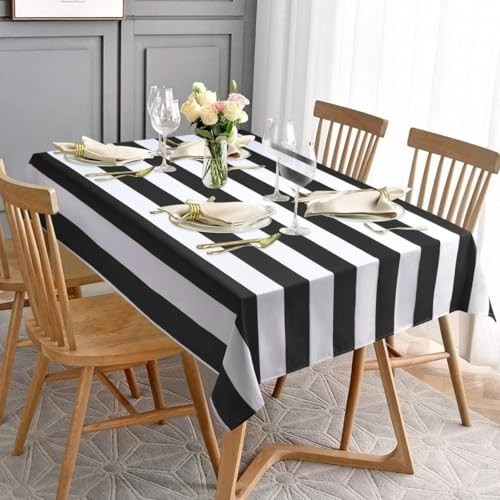 and White Striped Tablecloth for Rectangle 104" x 60" (Rectangular) Black