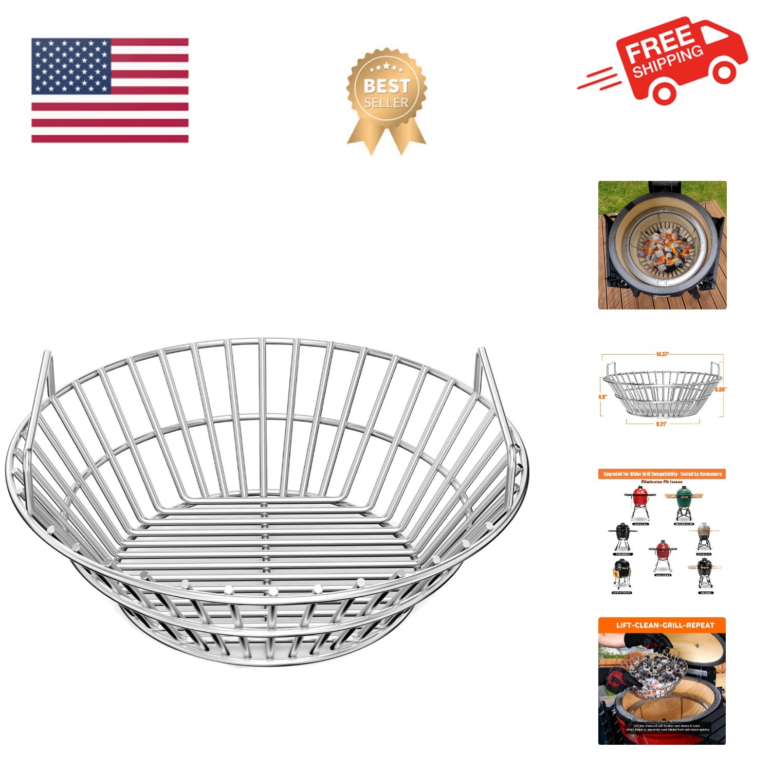 Charcoal Ash Basket, Stainless Steel Charcoal Holder with Handles, Grilling A...