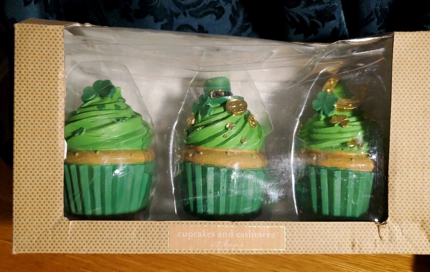 Cupcakes and Cashmere St. Patrick's Day Decor Set of 3 Frosted Cupcakes 4" Green