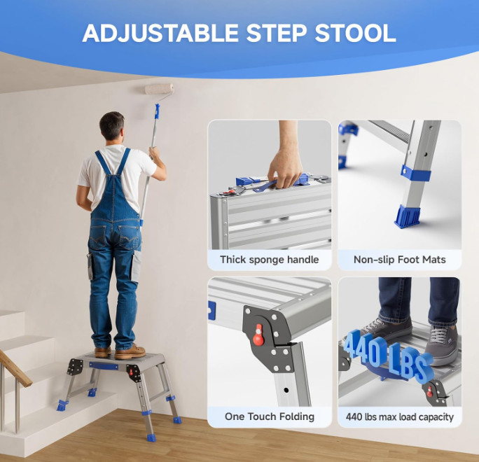 Folding Aluminum Step Stool, Adjustable Height Work Platform, 440 lb Capacity