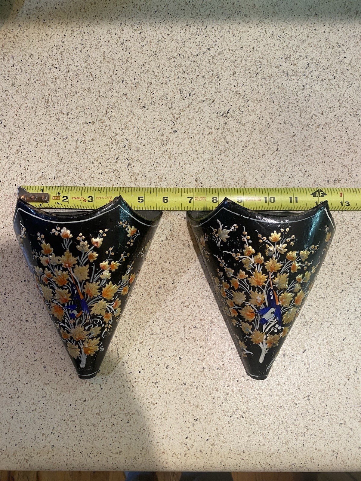 Set Of VINTAGE ASIAN CHINOESERIE BLACK LACQUER WALL POCKETS Orange Florals Birds