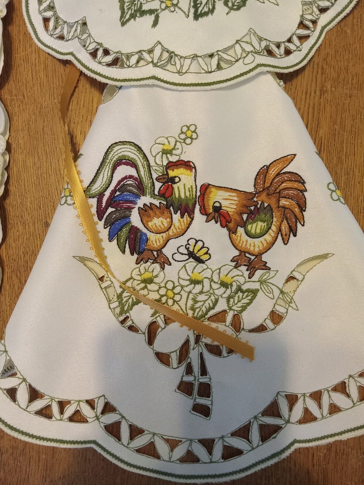2 KITCHEN SPOON ANGLE HANKY DOLL Embroidered Rooster HANDMADE