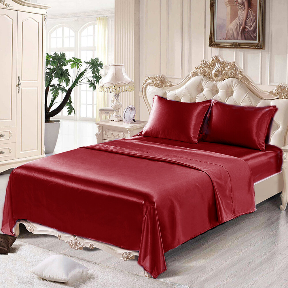 4 Pcs Smooth Satin Silk Sheet Set Deep Pocket Bed Sheet Wrinkle Fade Resistant