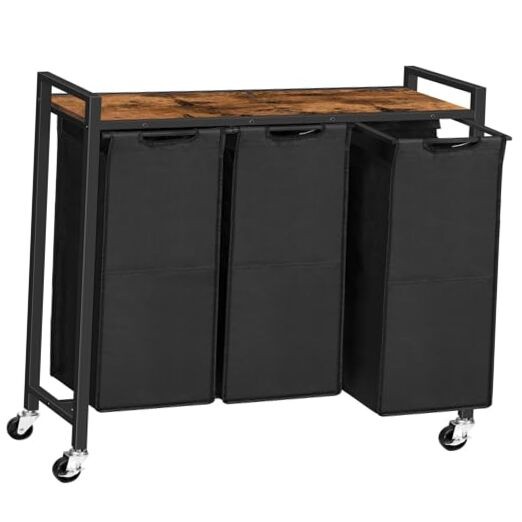 Laundry Sorter 3 Section, Laundry Hamper with Wheels, 3 × Rustic Brown + Black