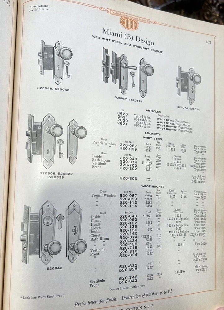 Art Deco Corbin Miami Pattern B Design Interior Knobs, Plates, Nickel Chrome