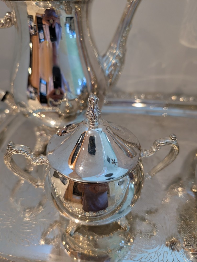 ELEGANCE IN SILVER 4-pc TEA and COFFEE SERVING SET plus SERVING TRAY!