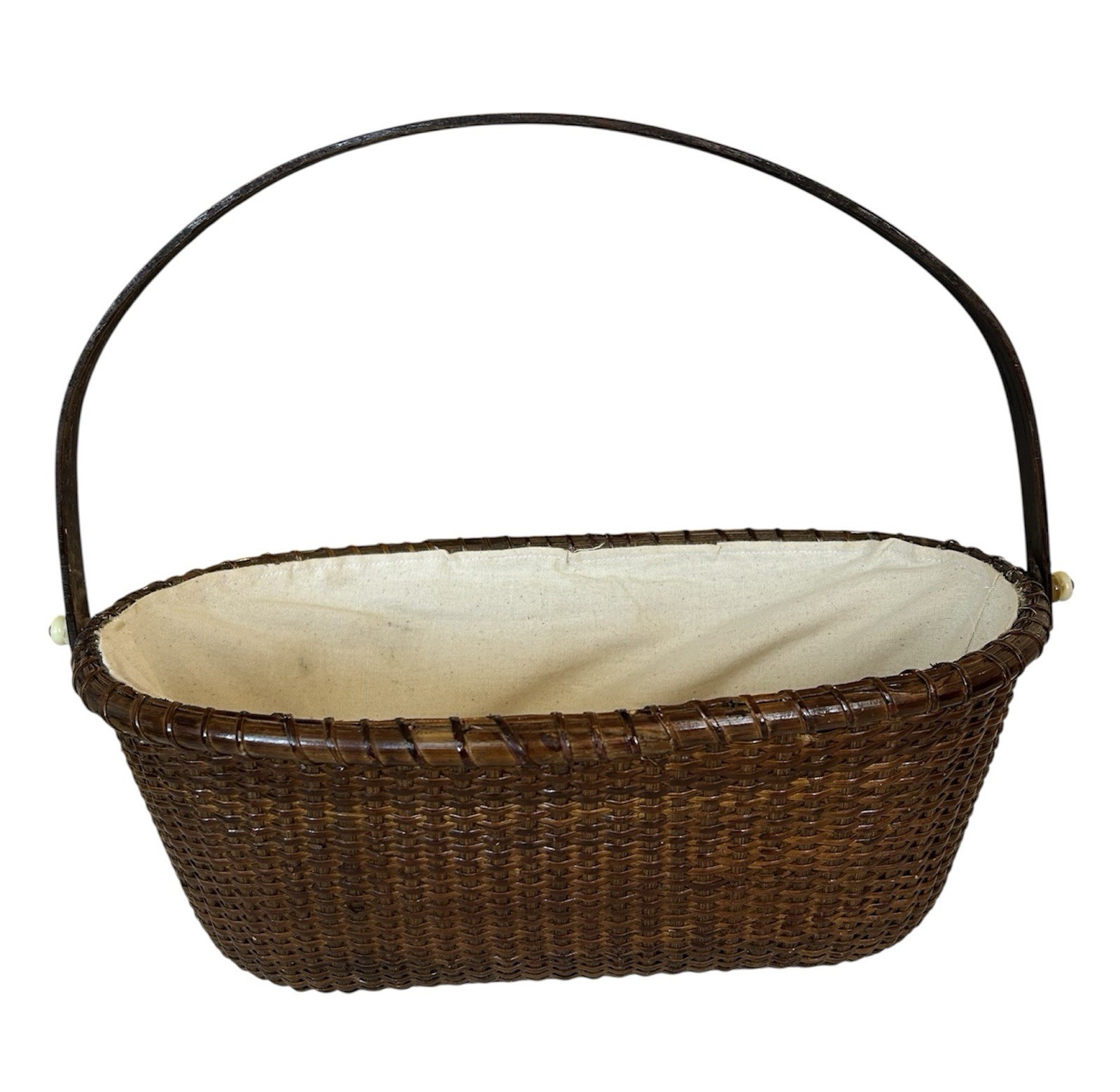 Antique Nantucket Lightship Basket - Swing Handle - Wood Bottom - Handwoven Cane