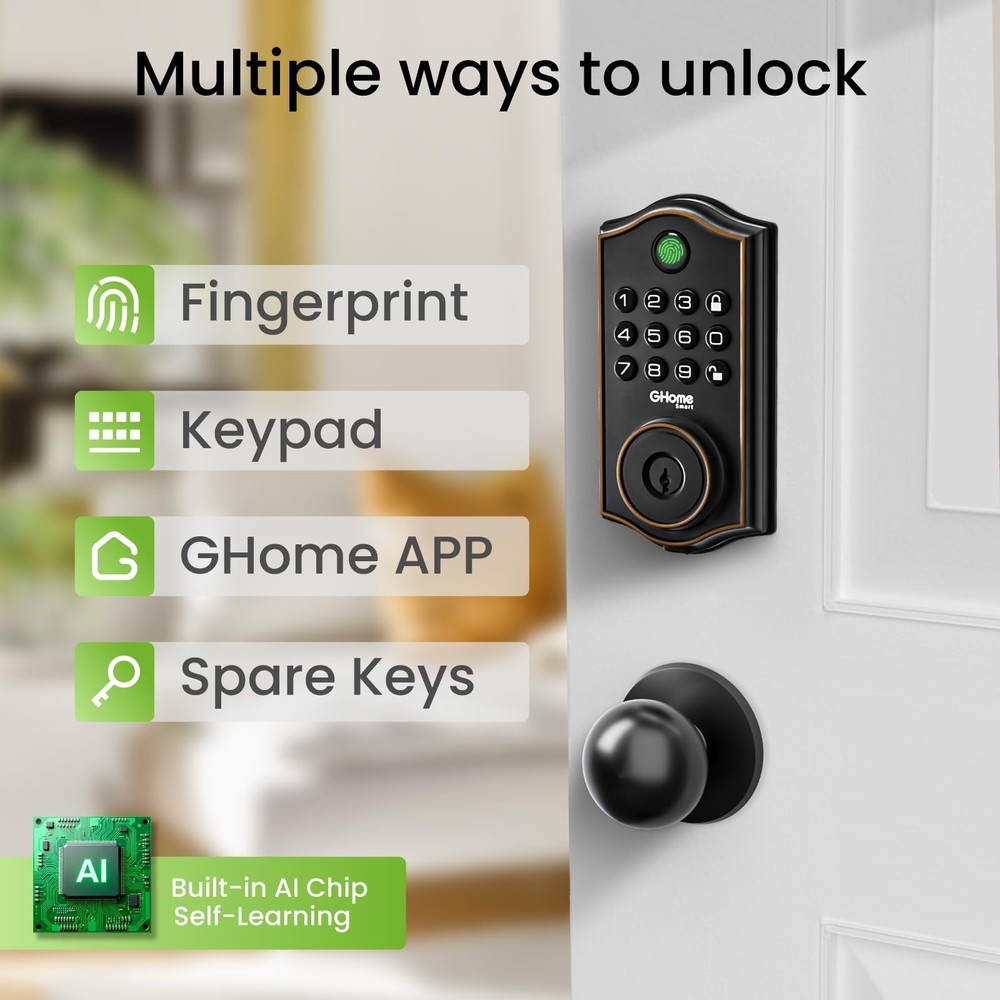 GHome Smart Deadbolt Lock, Fingerprint Code Keyless Entry Door Lock for Front...