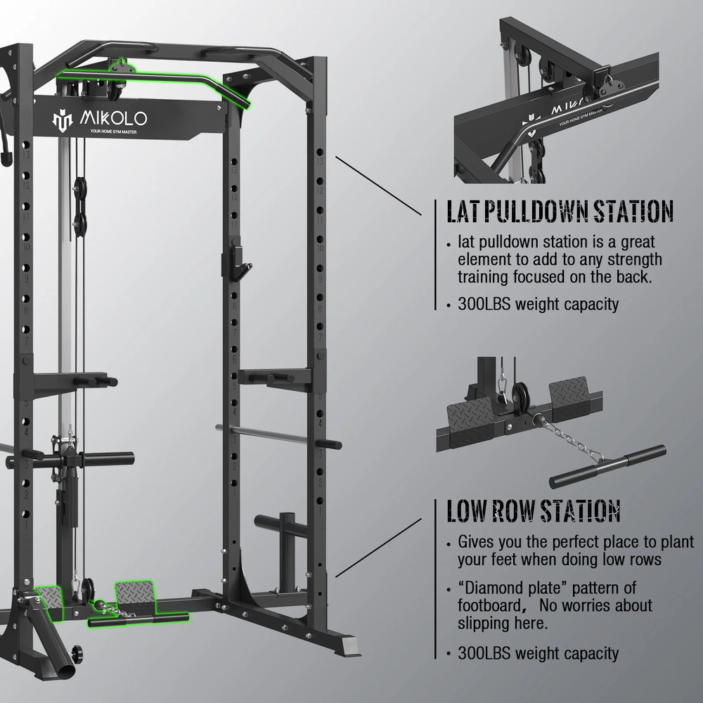 LAT Pulldown System Multi-Functional Squat Rack Exercise Power Cages Metal Black