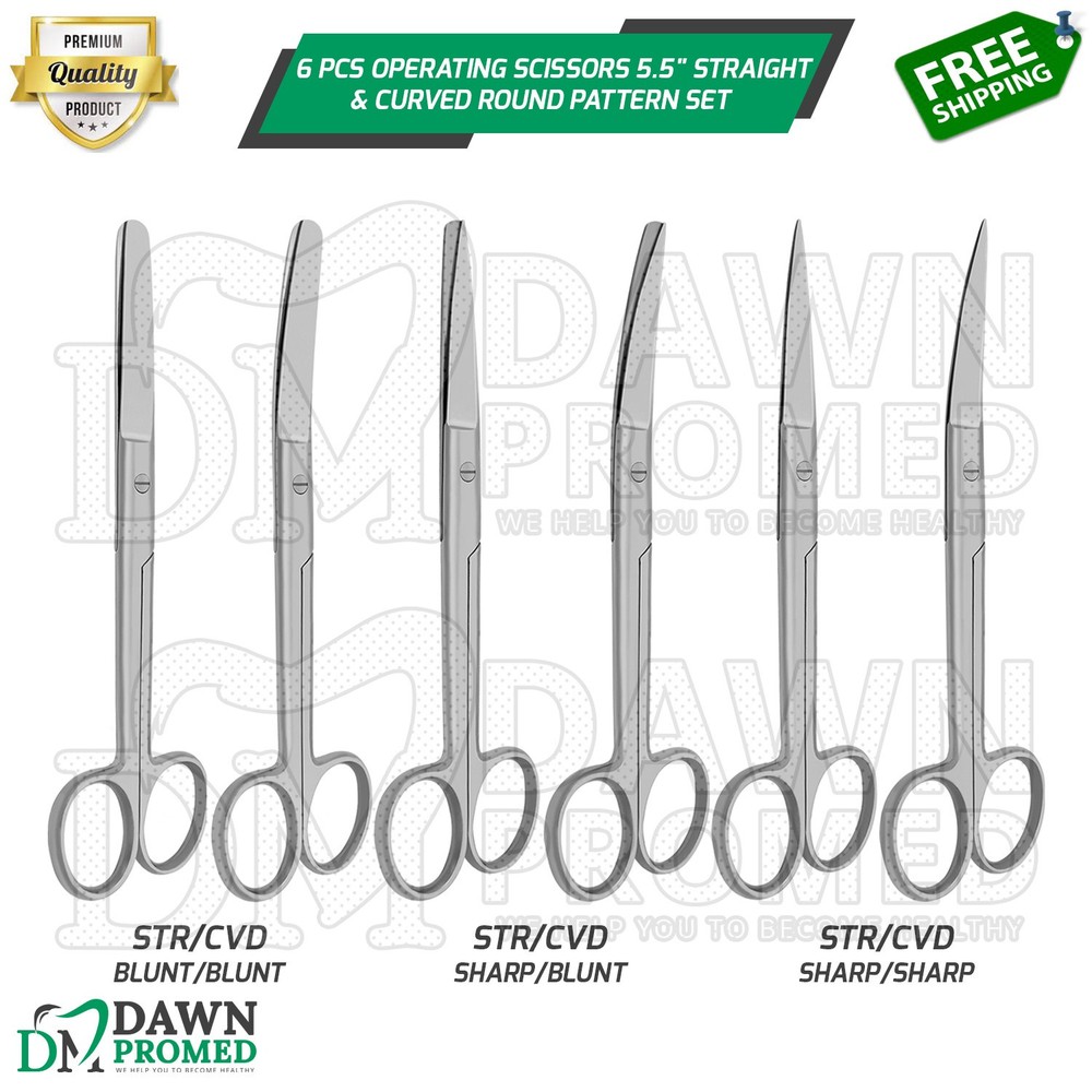 6 Pcs Operating Scissors 5.5" Straight & Curved Round Pattern Set German Grade