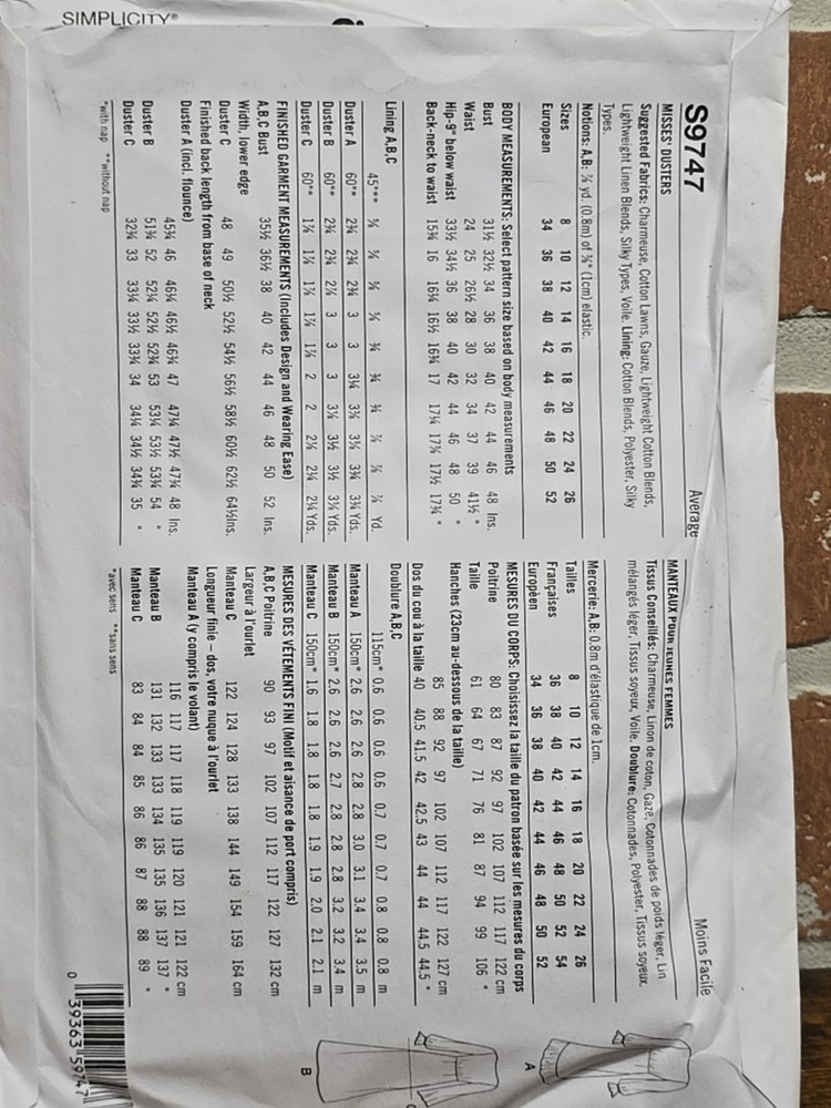 Misses' Duster Jacket Sewing Pattern Packet, Code S9747, Sizes 8-10-12-14-16,...