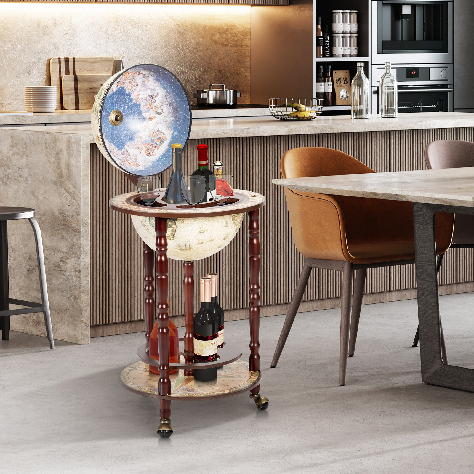 17.5" Wood Globe Wine Bar Stand Liquor Bottle Shelf Cart 16th Century Italian