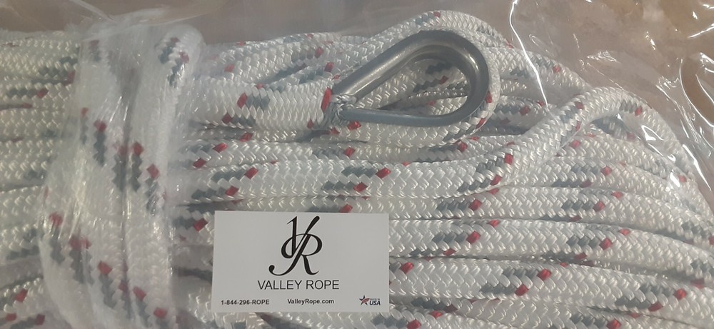 3/4” x 145 ft. Double Braid-Yacht Braid Polyester Rope hank w/ SS Thimble.
