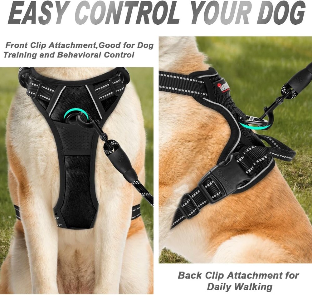 No Pull Large Dog Harness Heavy Duty, Reflective, Easy Control Handle Black L