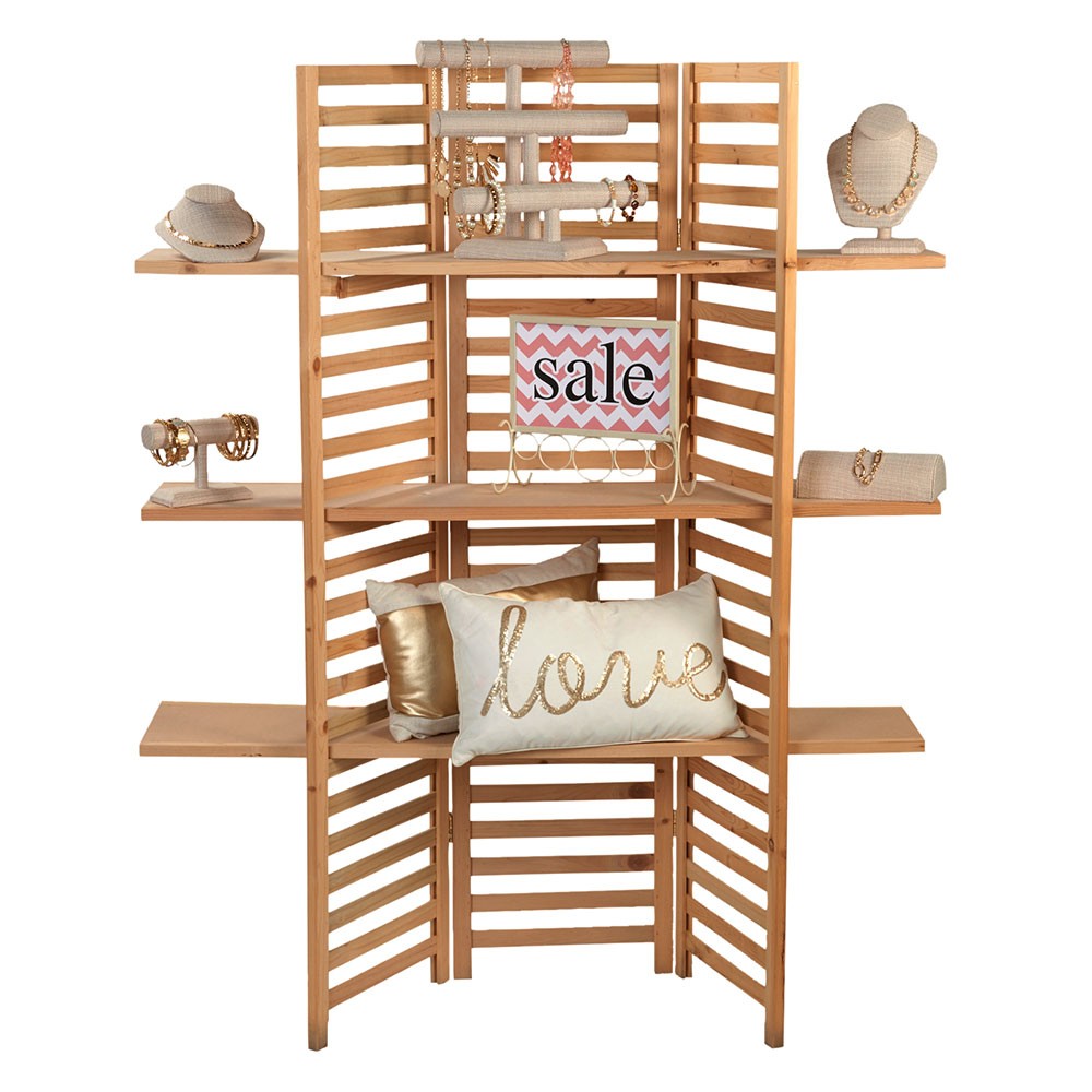 3-Panel Wood Display With 3 Shelves - Unit Can Be Stained Or Painted