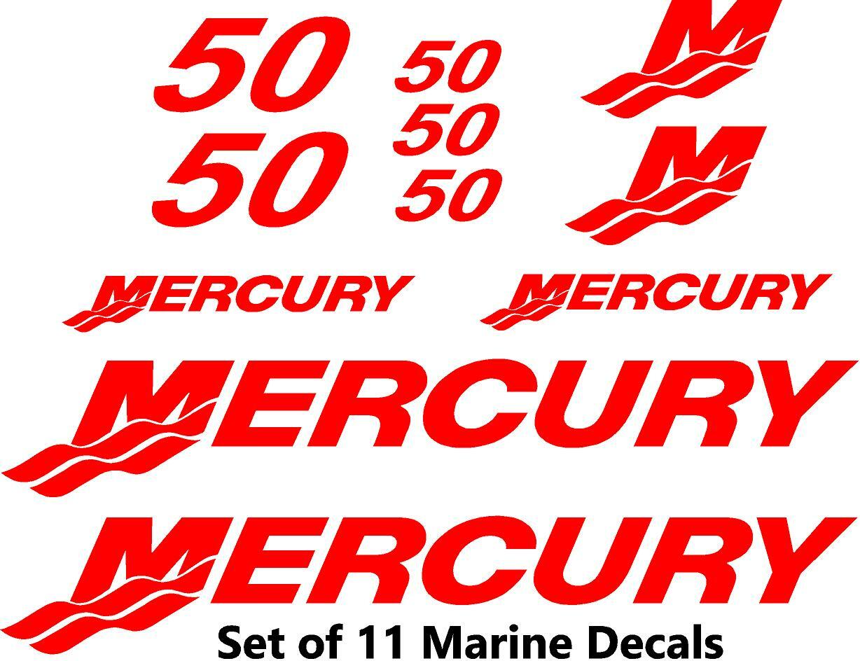 (11pc) Set of 50 Hp Mercury outboard boat cowling decal set custom color choices
