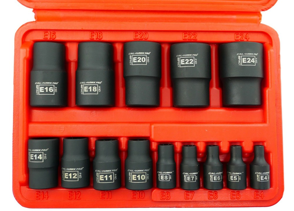 14-Pc Cr-Mo Female Star E-Torx External Bit Socket Set E4-E24 1/2" 3/8" 1/4" Dr.