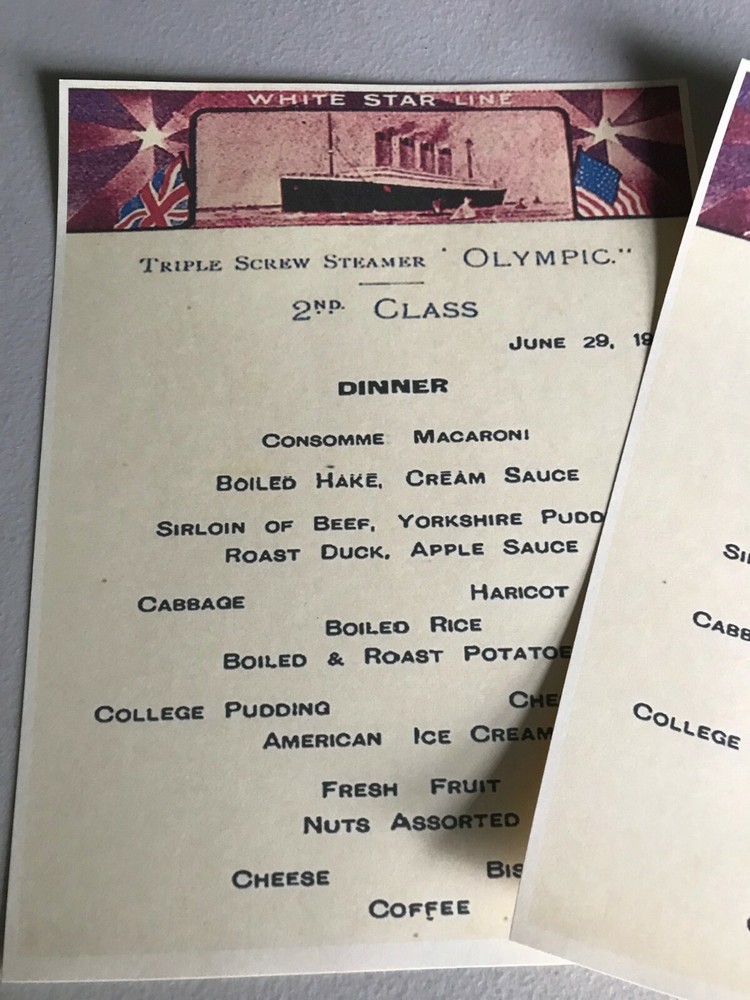 RMS OLYMPIC SECOND CLASS DINNER MENU JUNE 29, 1911 REPRINT, VERY NICE