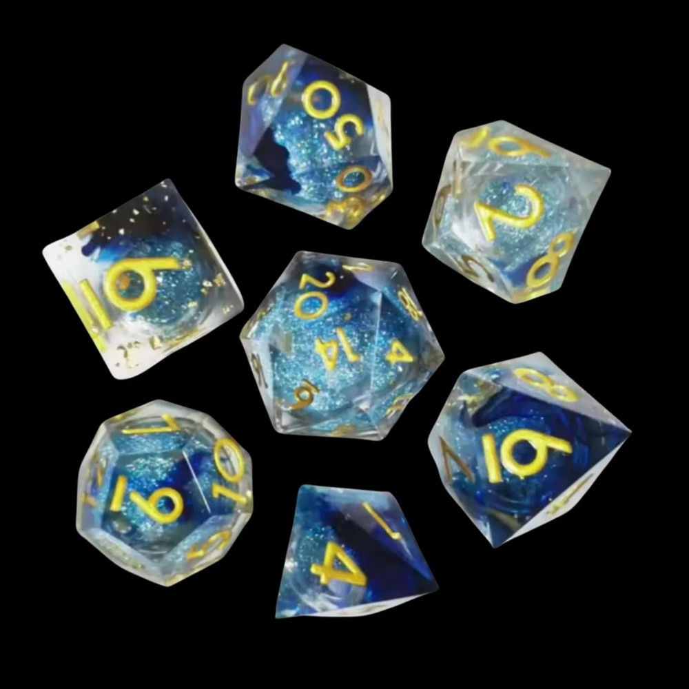 Dice Set Dungeon And Dragons Resin Liquid Core Blue/Gold