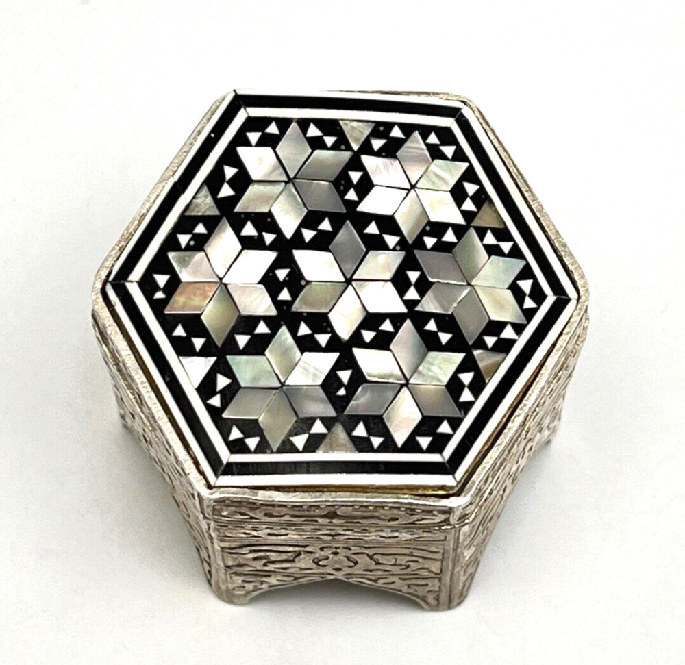 Hexagonal MOP Inlaid Embossed Sterling Arabic Islamic Table Hinged Trinket Box