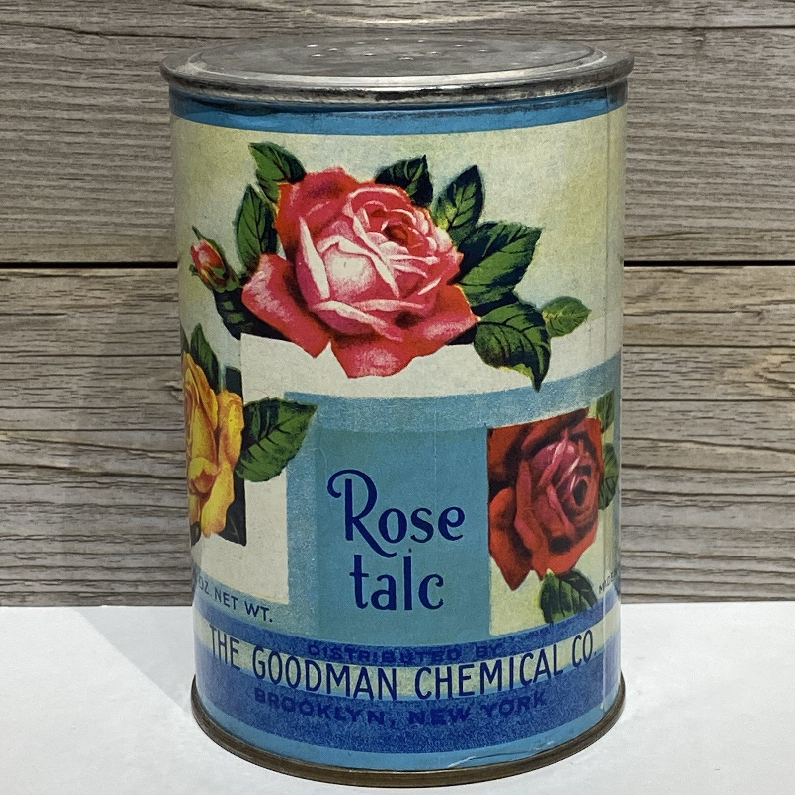 Vintage Rose Talc Powder Tin (Full) The Goodman Chemical Co. Brooklyn New York