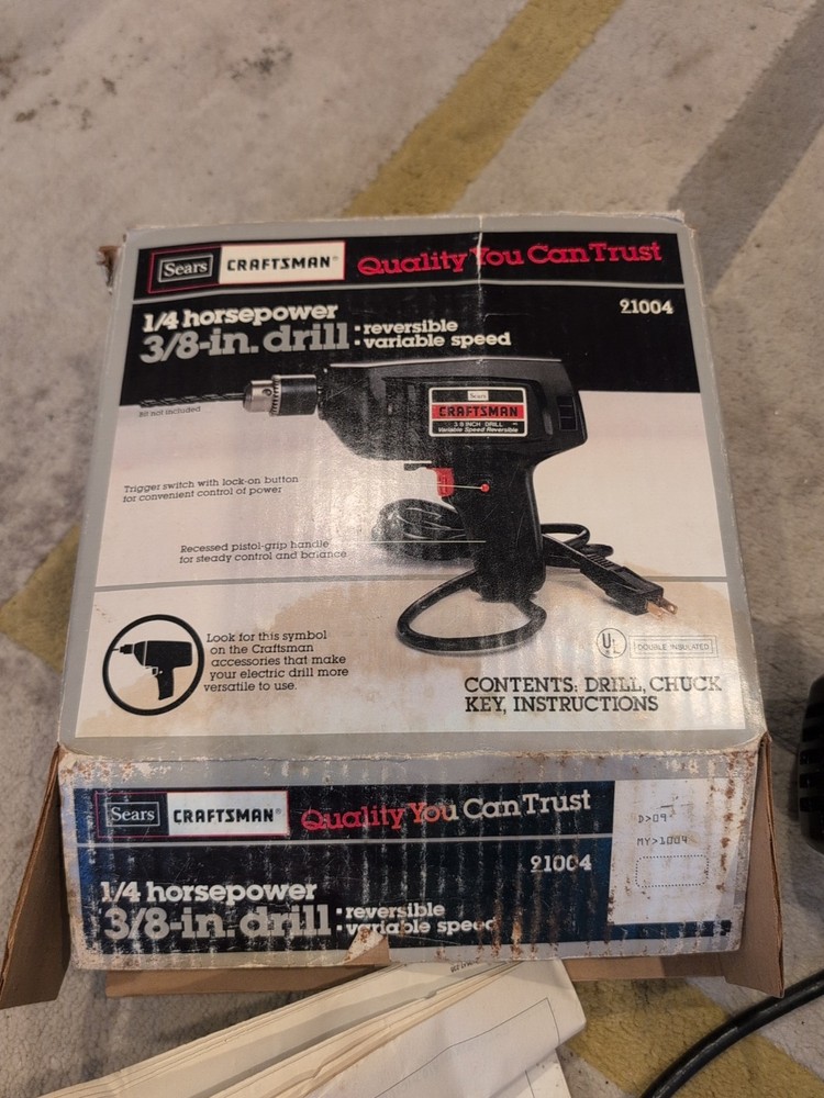 Sears/Craftsman 3/8in Drill Variable Reversible Speed 91004 With Box And Bits