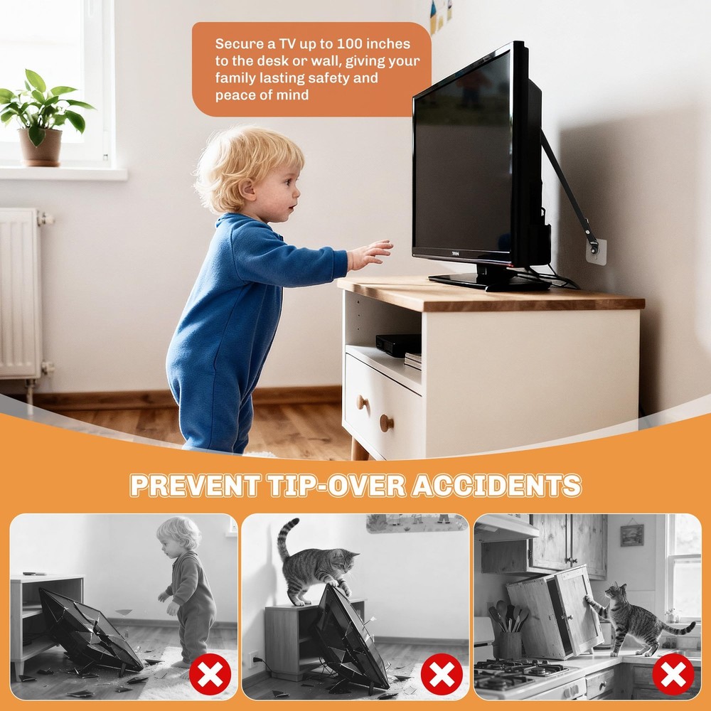 Gicyiit 2 Pack Adjustable TV Safety Straps for Flat Screen, Adjustable, Black