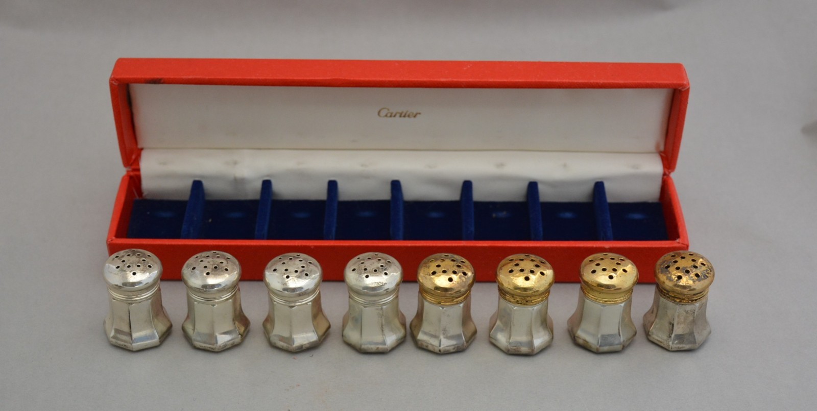 Cartier Silver Salt Pepper Shakers - Set of 8 - Original Box - 4 Gold Plated Lid