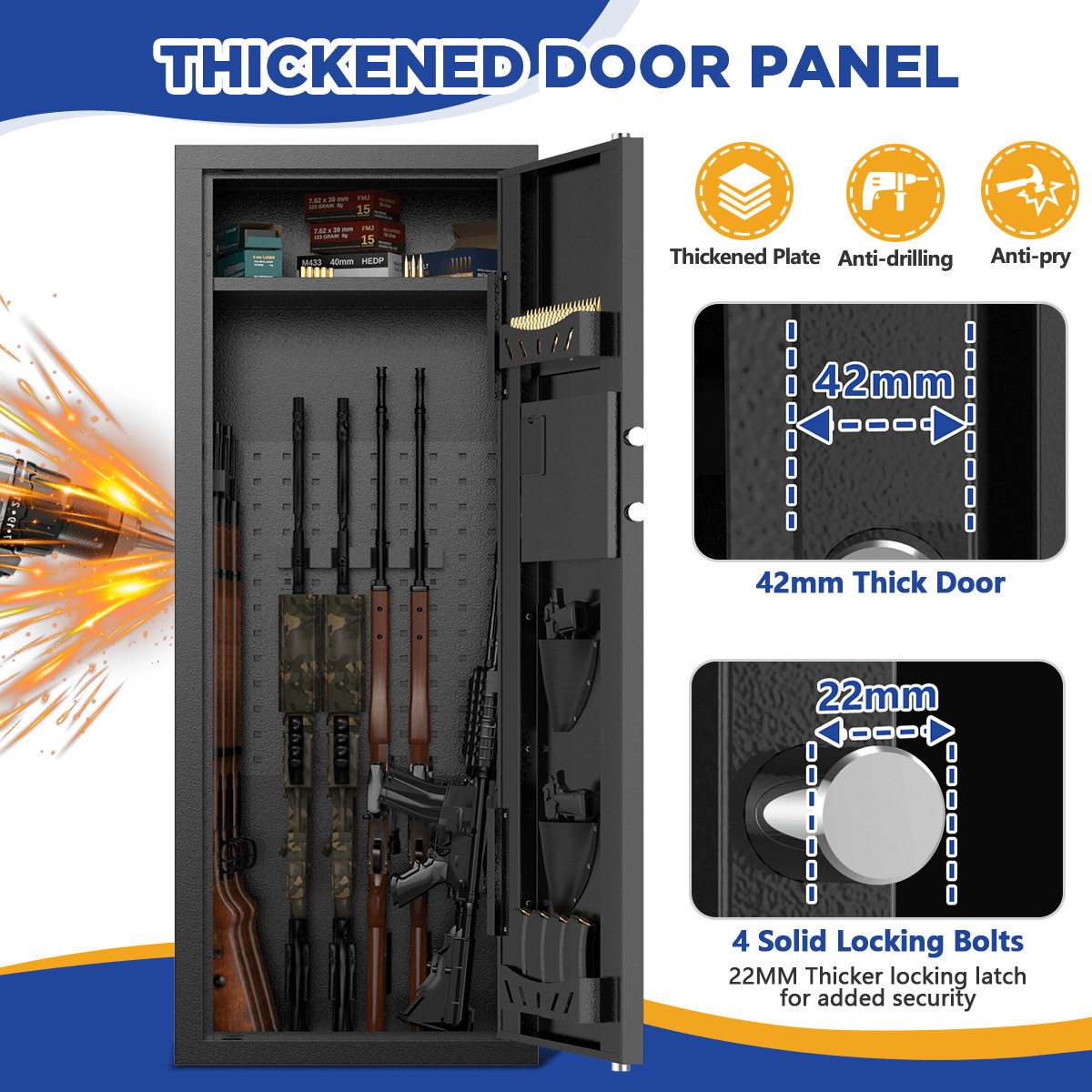 BESAFETY 12-15 Rifle Gun Cabinet for Home Steel Security Gun Safe with Alarm