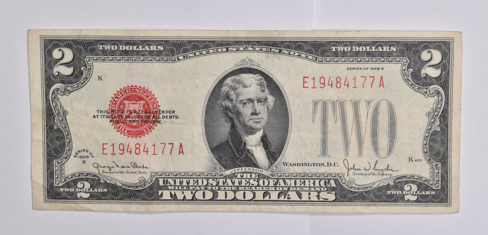 1928-G $2 RED SEAL US United States Note Avg Circ