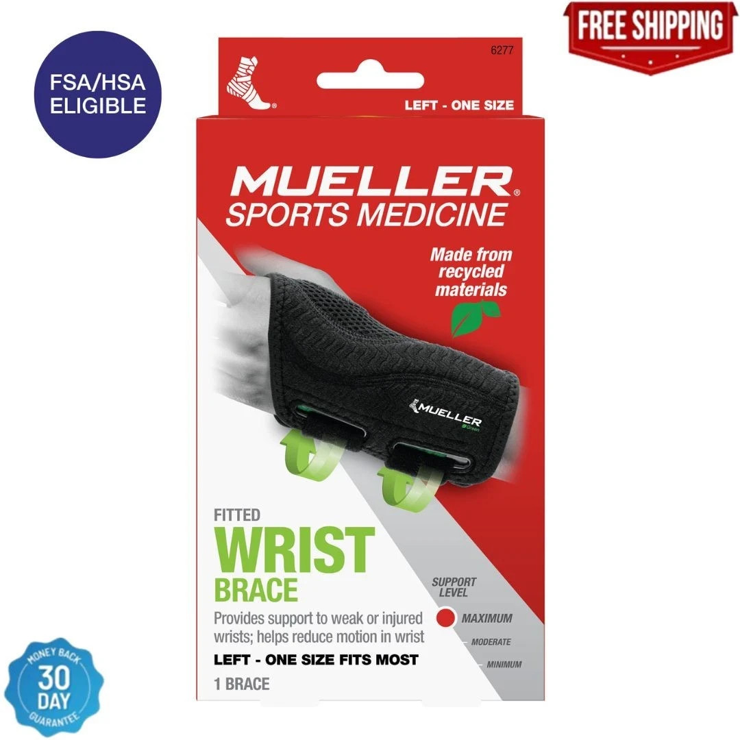 Mueller Green Fitted Wrist Brace, Left Hand, Unisex, One Size Fits Most,