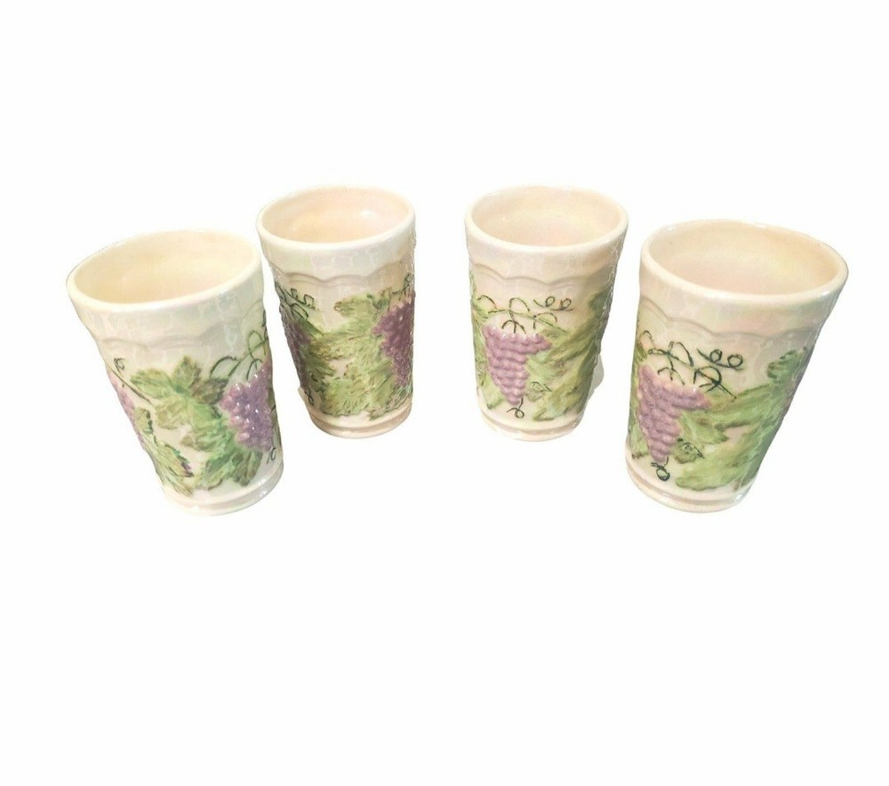 Vintage grape leaf cup set , glazed pottery cup set signed