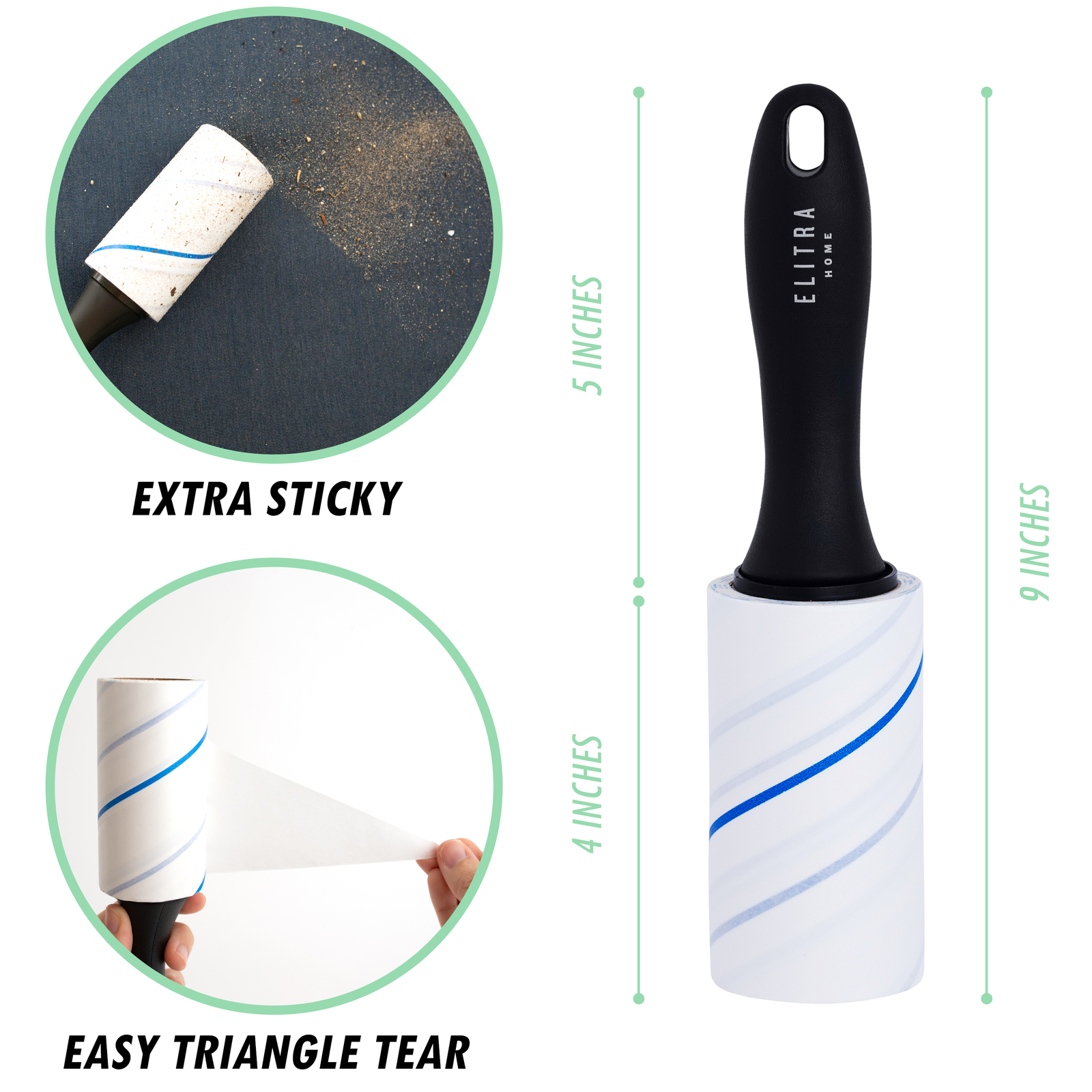 Elitra Extra Sticky Lint Roller Lightweight Handle + 4 Refill Packs (450 Sheets)