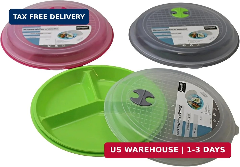 4-Pack Divided Microwave Plates with Vented Lids - BPA-Free, Stackable Meal Prep