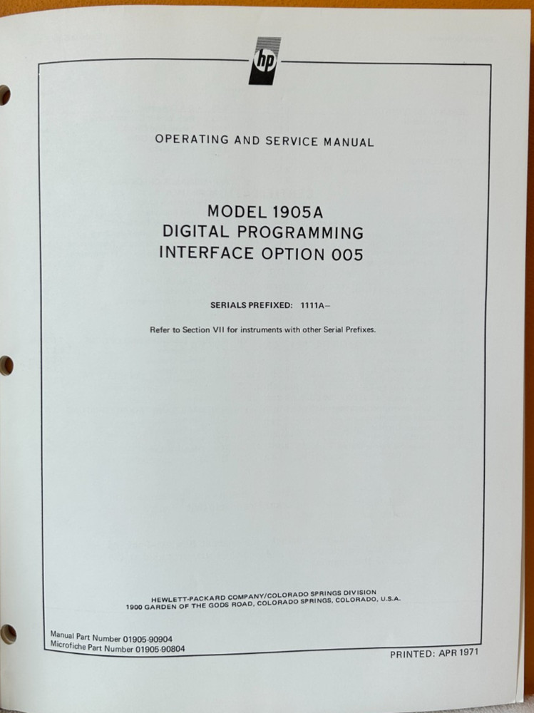 HP 01905-90904 1971 Model 1905A Digital Programming Interface Option 005 Manual.