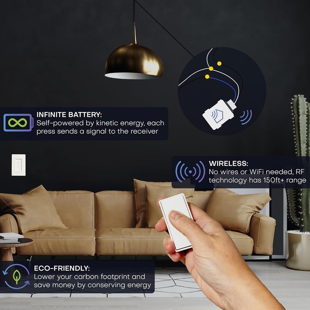 RunLessWire Single Pole Detachable Battery-Free Wireless Light Switch 150ft RF