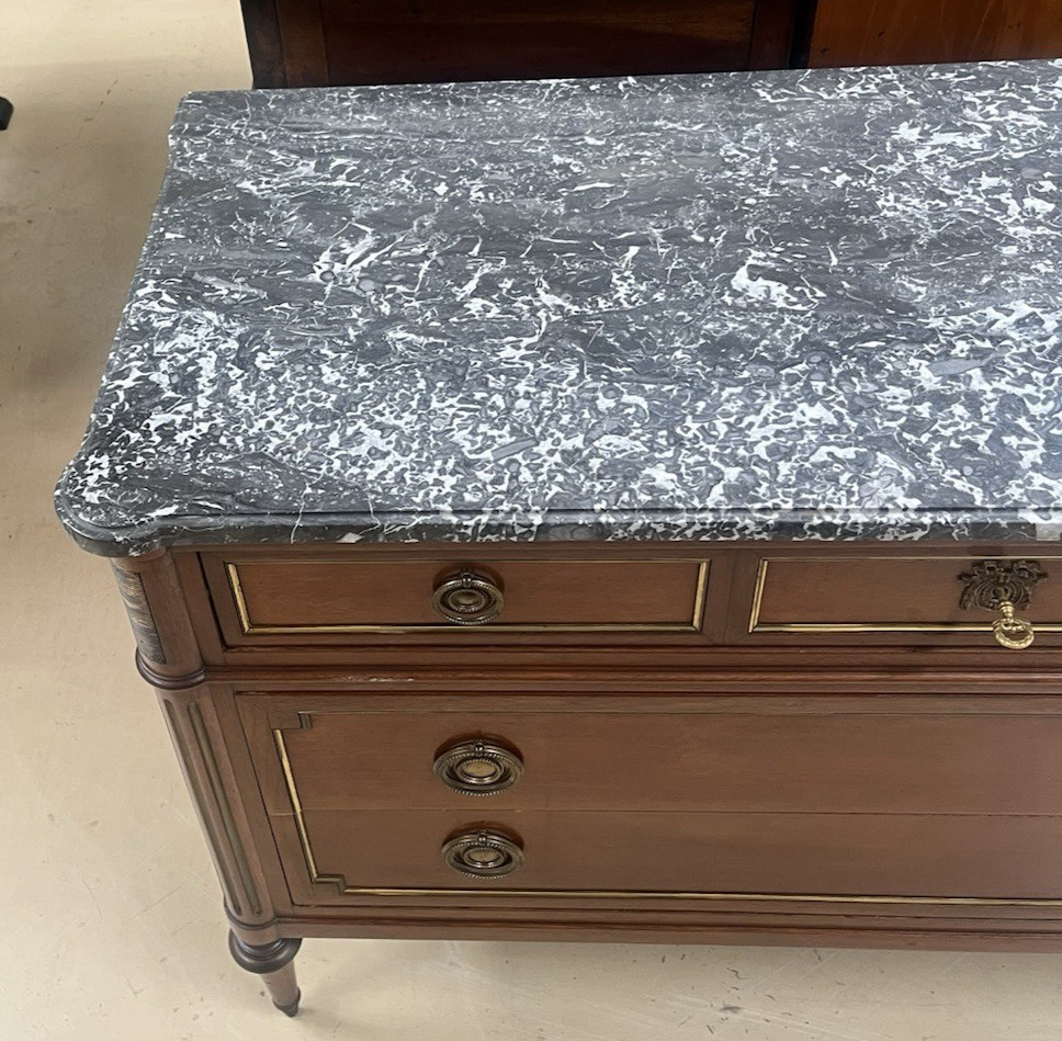 ANTIQUE FRENCH LOUIS XVI MARBLE-TOP MAHOGANY CHEST OF DRAWERS COMMODE