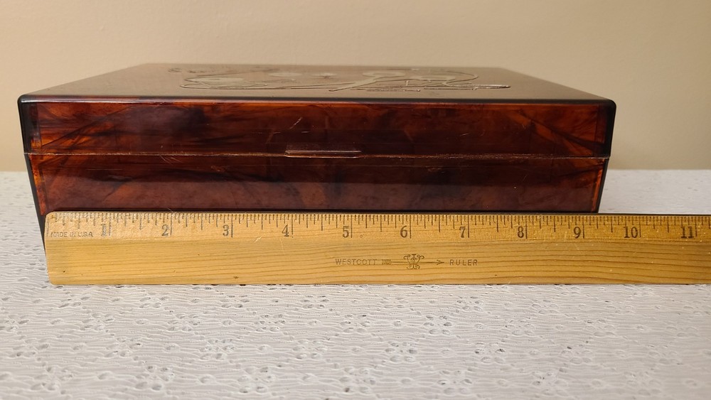 Vintage Lucite Tortoise Shell Sewing Box Embedded Notions Scissors Spools Button