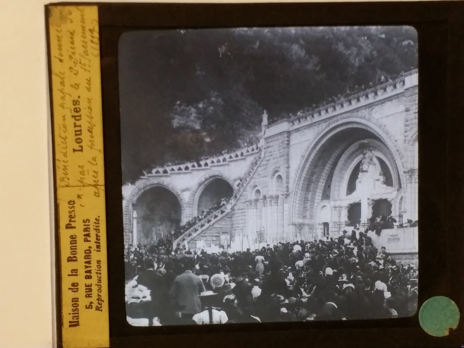 1897 Papal benediction at Lourdes Basilica, France, Magic Lantern Glass Slide