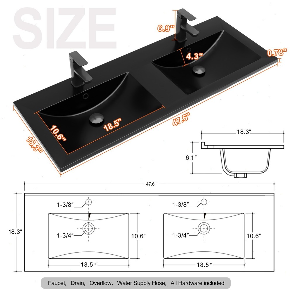 48" Double Sink Vanity Top Undermount Bathroom Sink