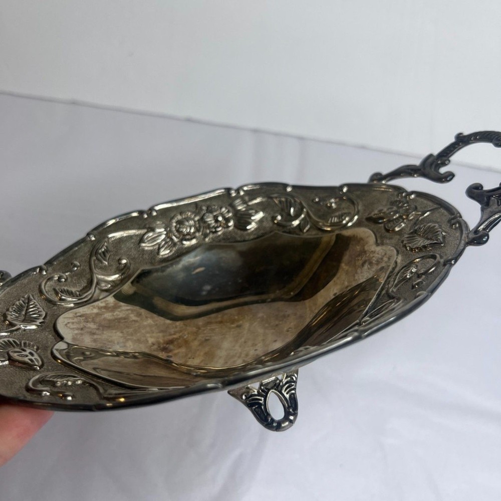 Godinger Silver Art Co Footed Etched Floral Silver Plated Dish Bowl w/ Handles