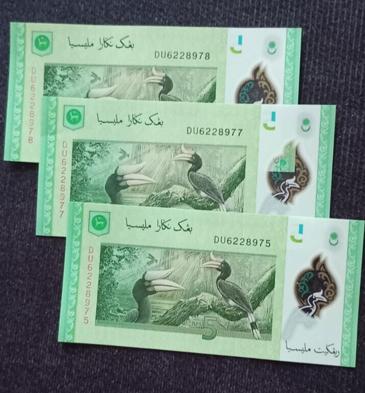 Malaysia 5 Ringgit 2011 2021, UNC, 3 PCS LOT, Polymer, P-52c serial DU 75,77,78