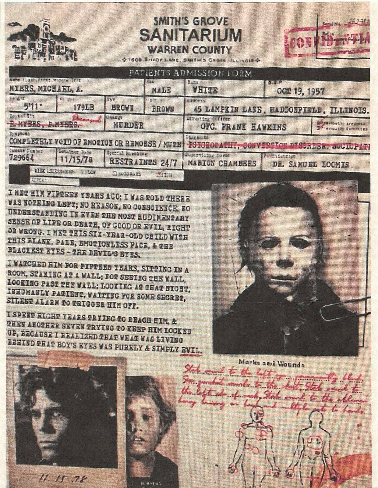 1978 Halloween Smiths Grove Sanitarium Michael Myers Haddonfield Illinois 🔪