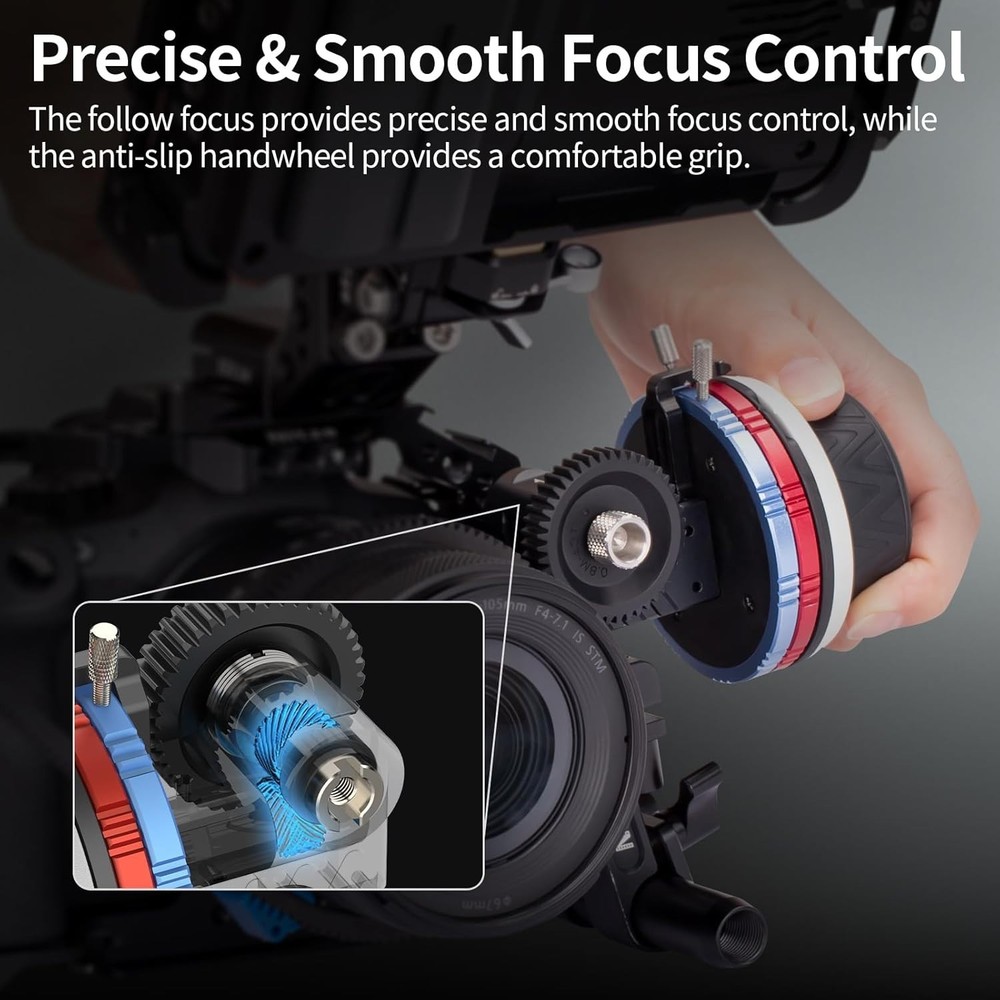 Follow Focus System with Adjustable Angle, 15mm Compatibility and Compact Size