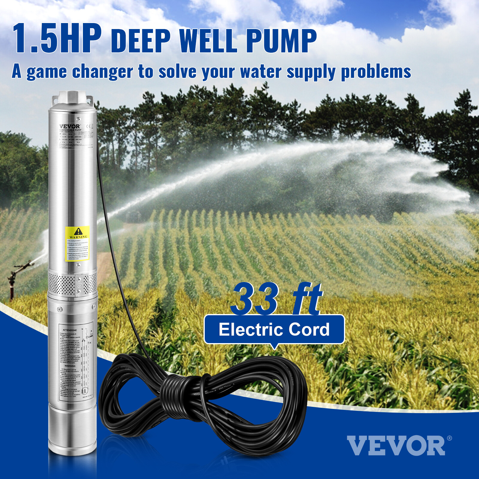 VEVOR 1-1/2HP Deep Well Pump 276ft Submersible Pump 37GPM Stainless Steel 230V