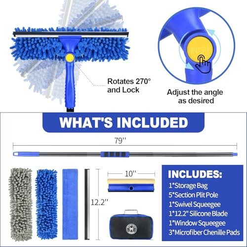 79'' Window Squeegee Cleaner Tool with Extension Pole, 4-in-1 Squeegee Blue