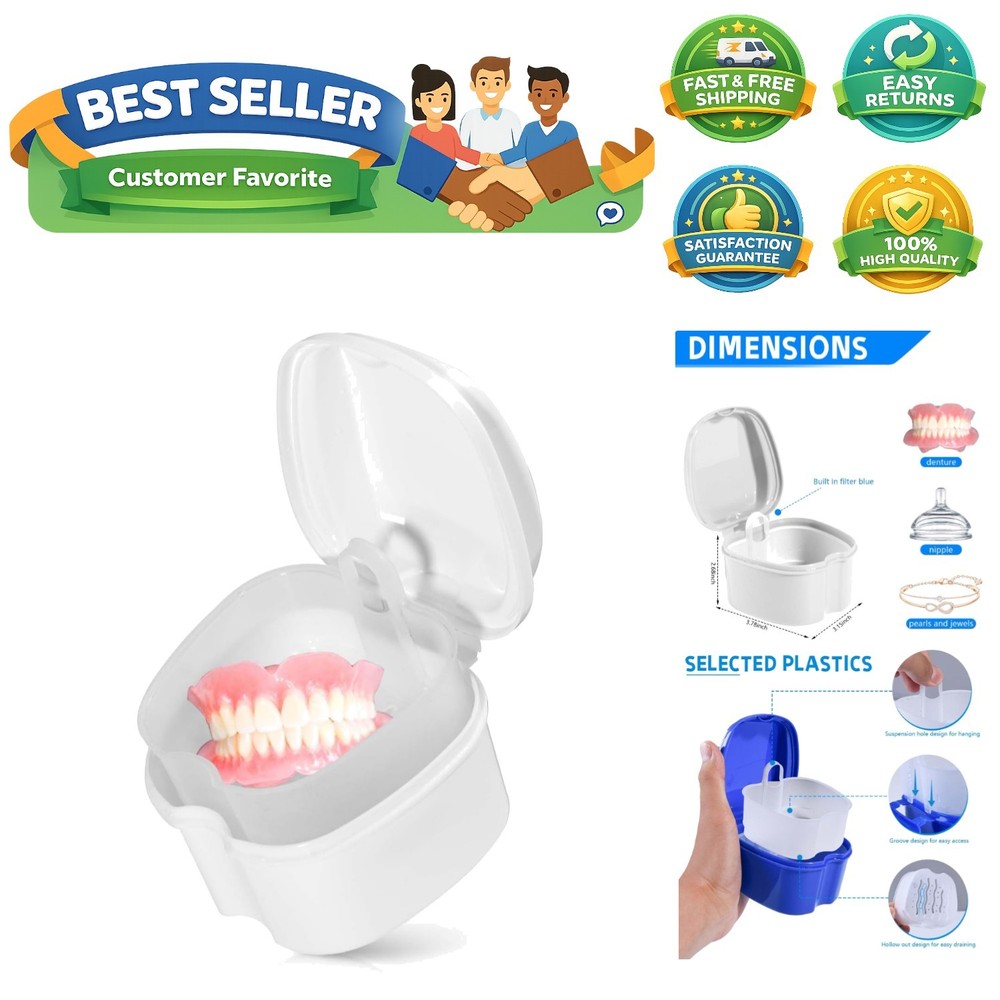 White Denture Bath Case Cup Box Holder Storage Soak Container with Strainer B...